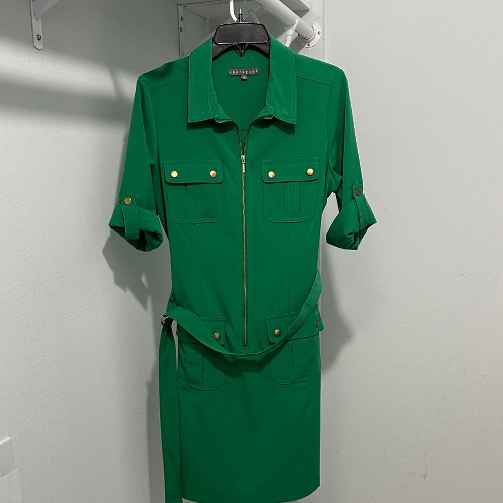 Sharagano Emerald Green Mini Dress with Gold Accents